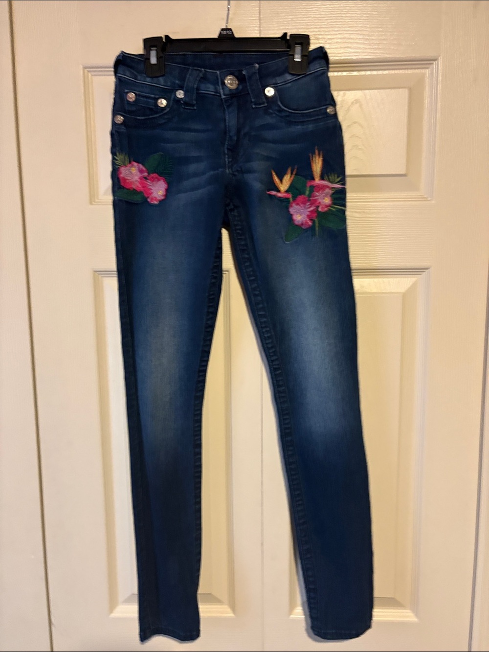 True Religion Dark Blue Skinny Jeans with Pink Floral Embroidery